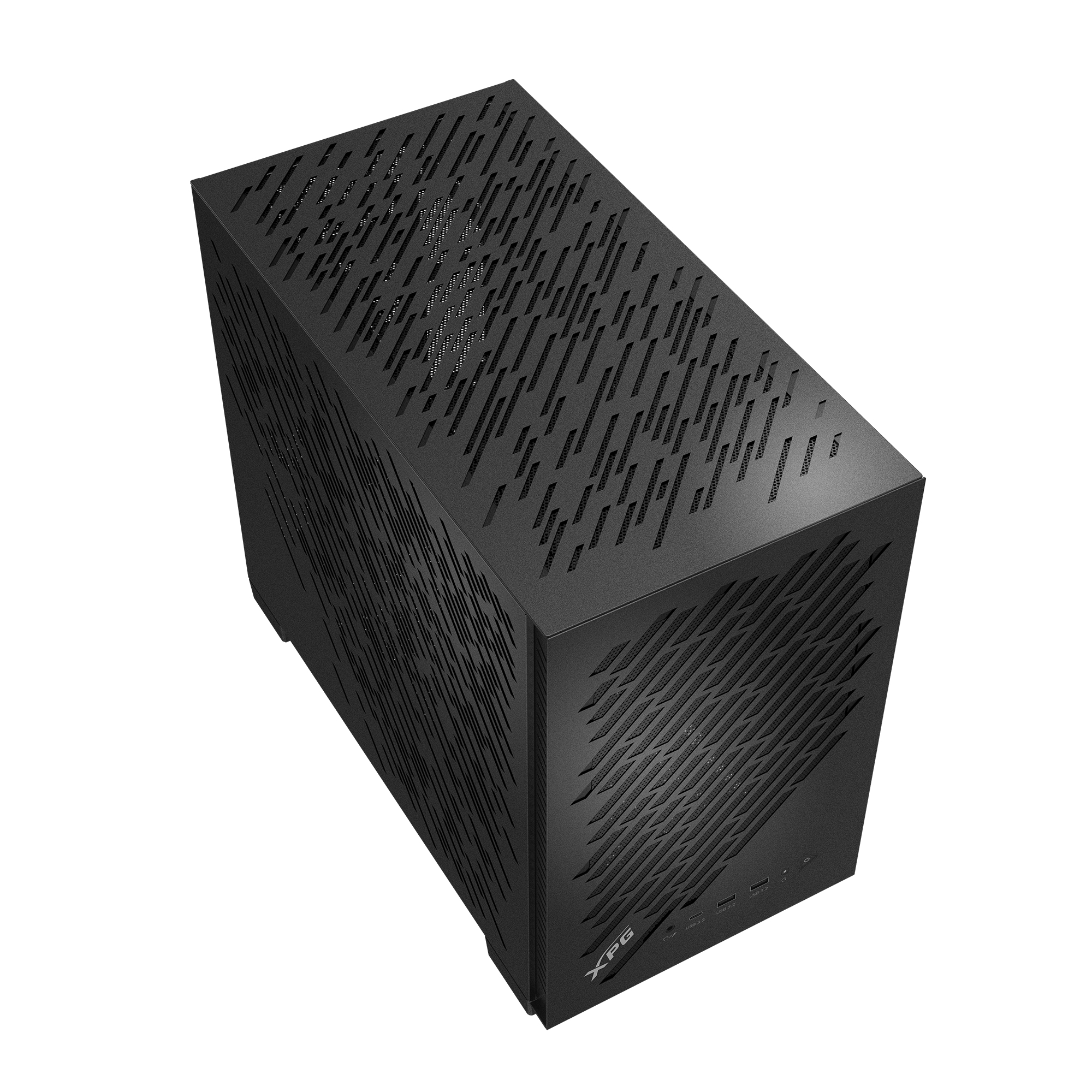 Un case per computer XPG nero con un design traforato unico. Il case è su sfondo bianco.