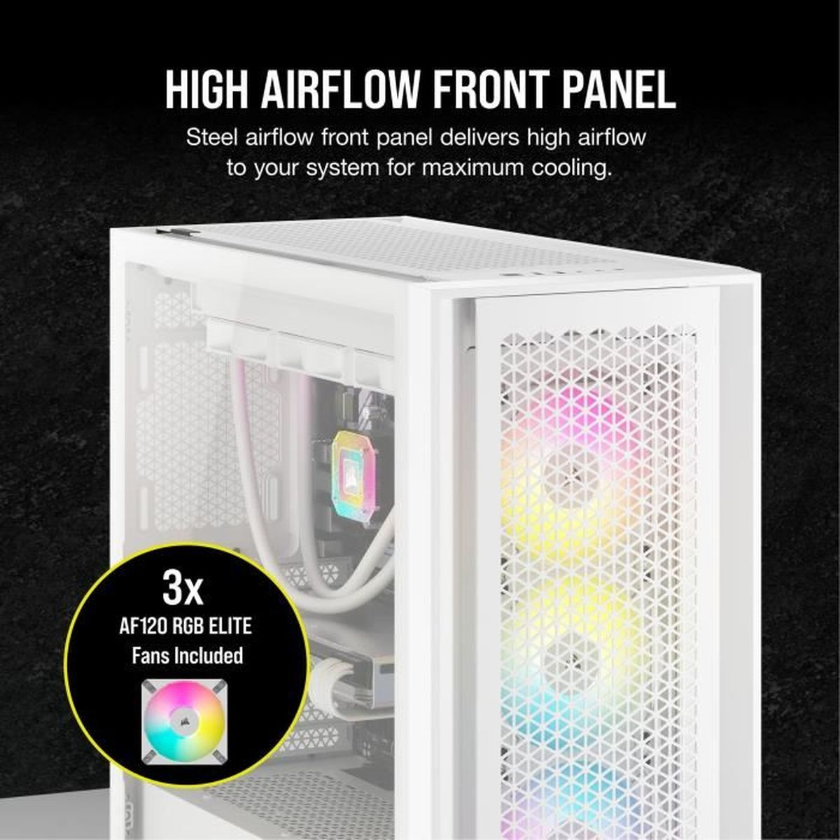 Biała obudowa komputera z perforowanym panelem przednim. Tekst brzmi 'HIGH AIRFLOW FRONT PANEL'. Odznaka mówi '3x AF120 RGB ELITE Fans Included'.