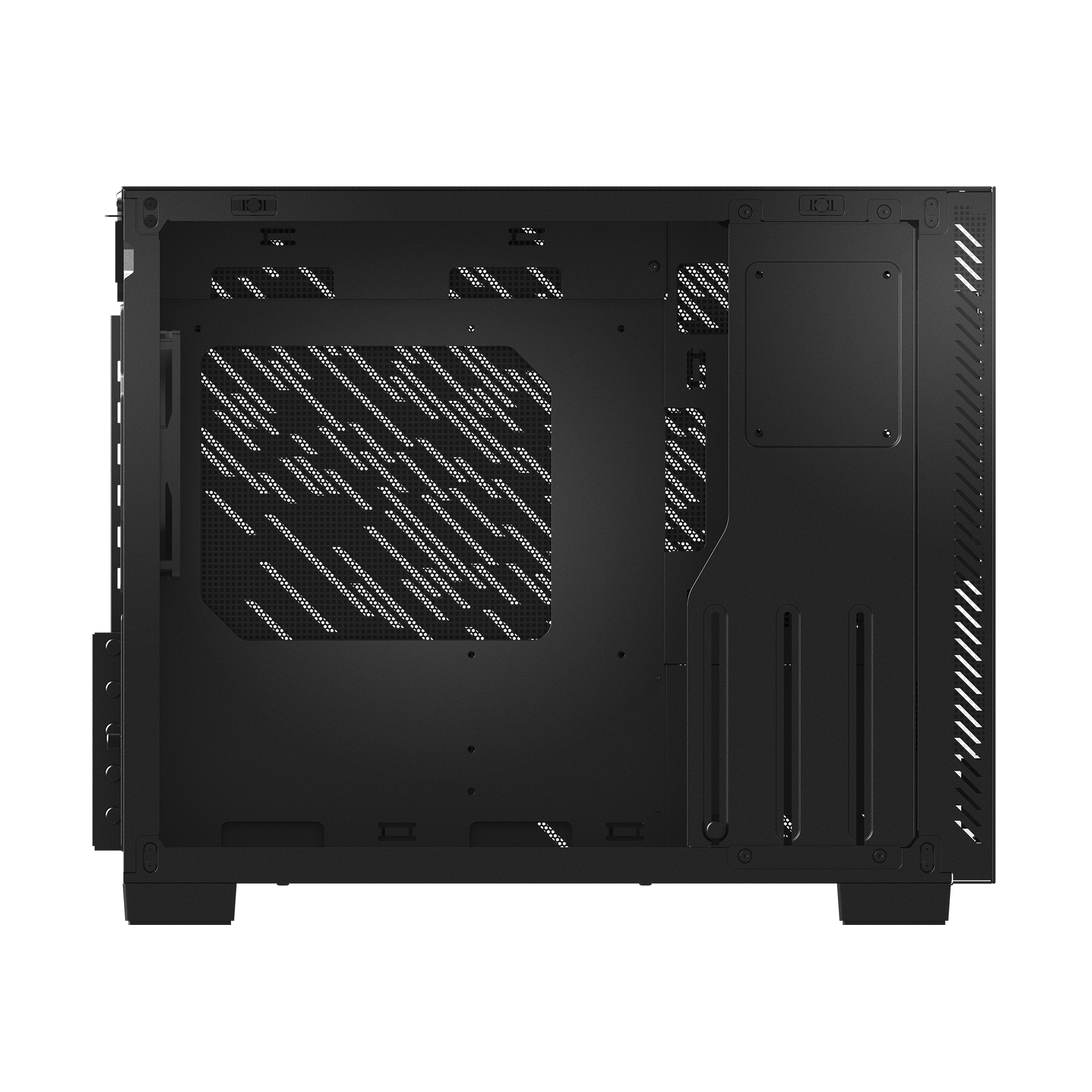Interno di un case per computer nero aperto. Presenta sezioni perforate e aree di montaggio per componenti.