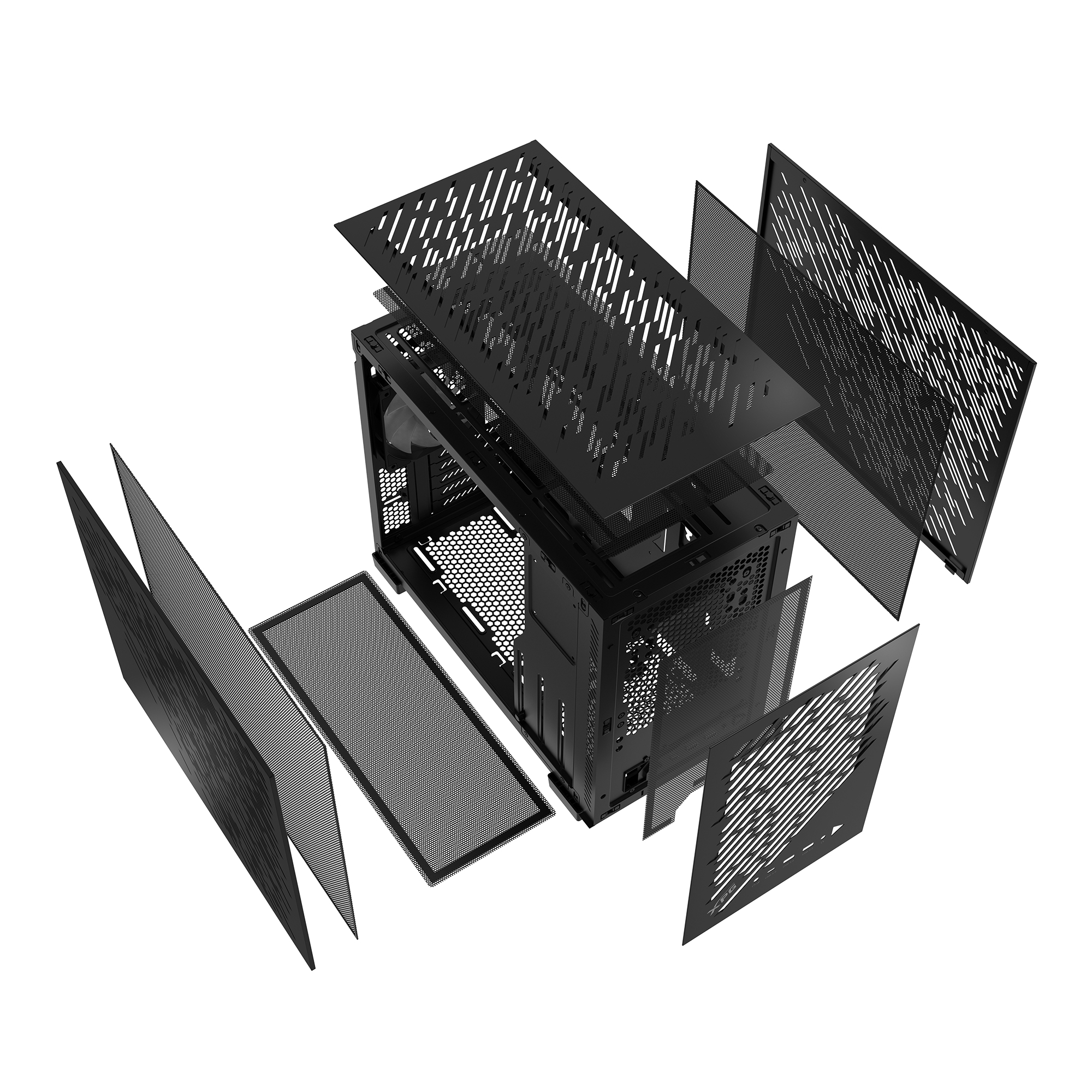 Case nero per computer con pannelli staccati. Design perforato e componenti interni visibili.