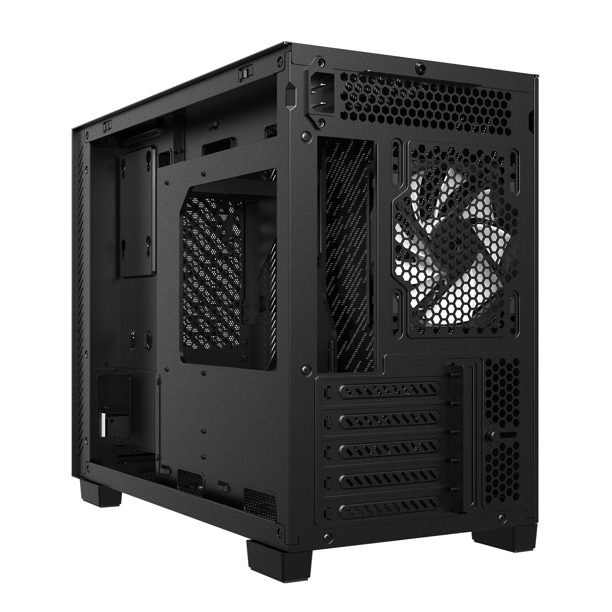 Un case per computer nero, aperto, che mostra i componenti interni. È un case per computer desktop con prese d'aria.