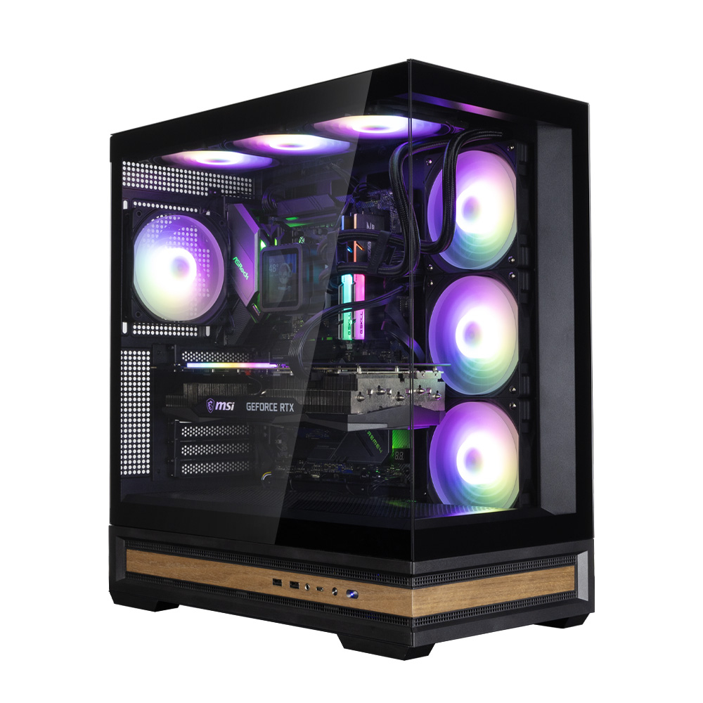 Un case per PC con pannelli in vetro, che mostra componenti interni come una scheda grafica, ventole con luci colorate e raffreddamento a liquido.