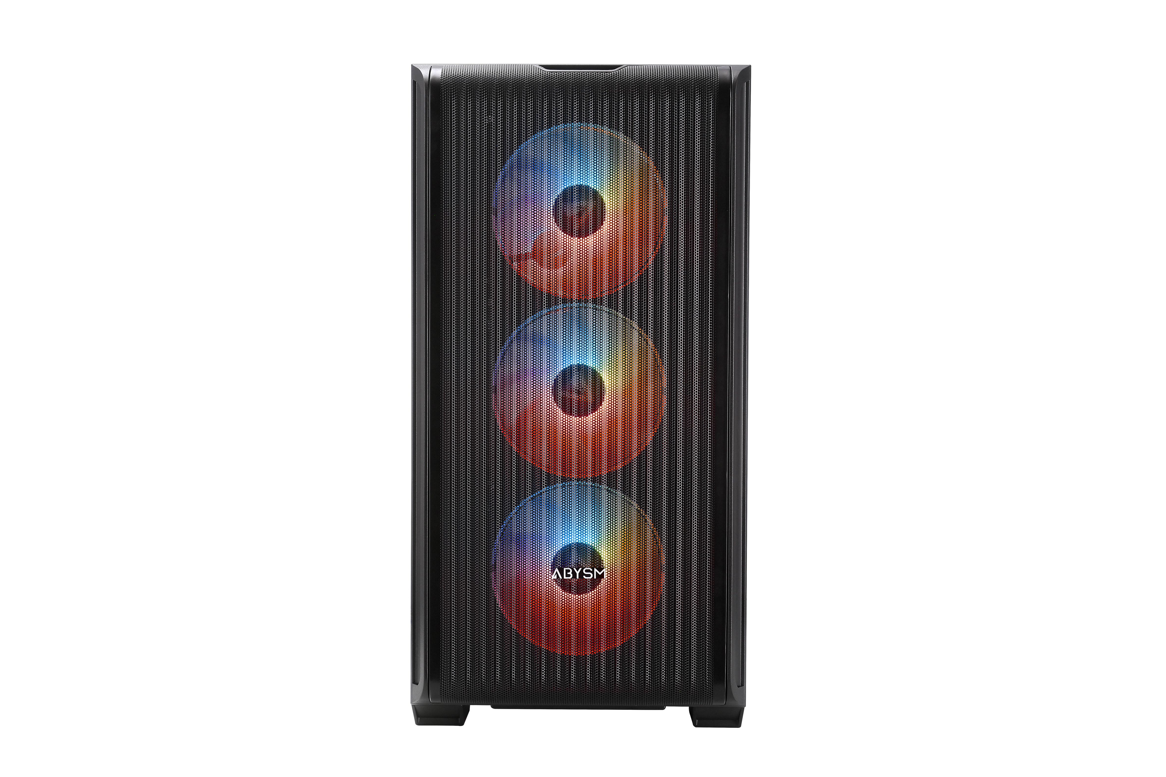 Case per computer nero con tre ventole illuminate che mostrano colori arcobaleno, e il marchio ABYSM è visibile.