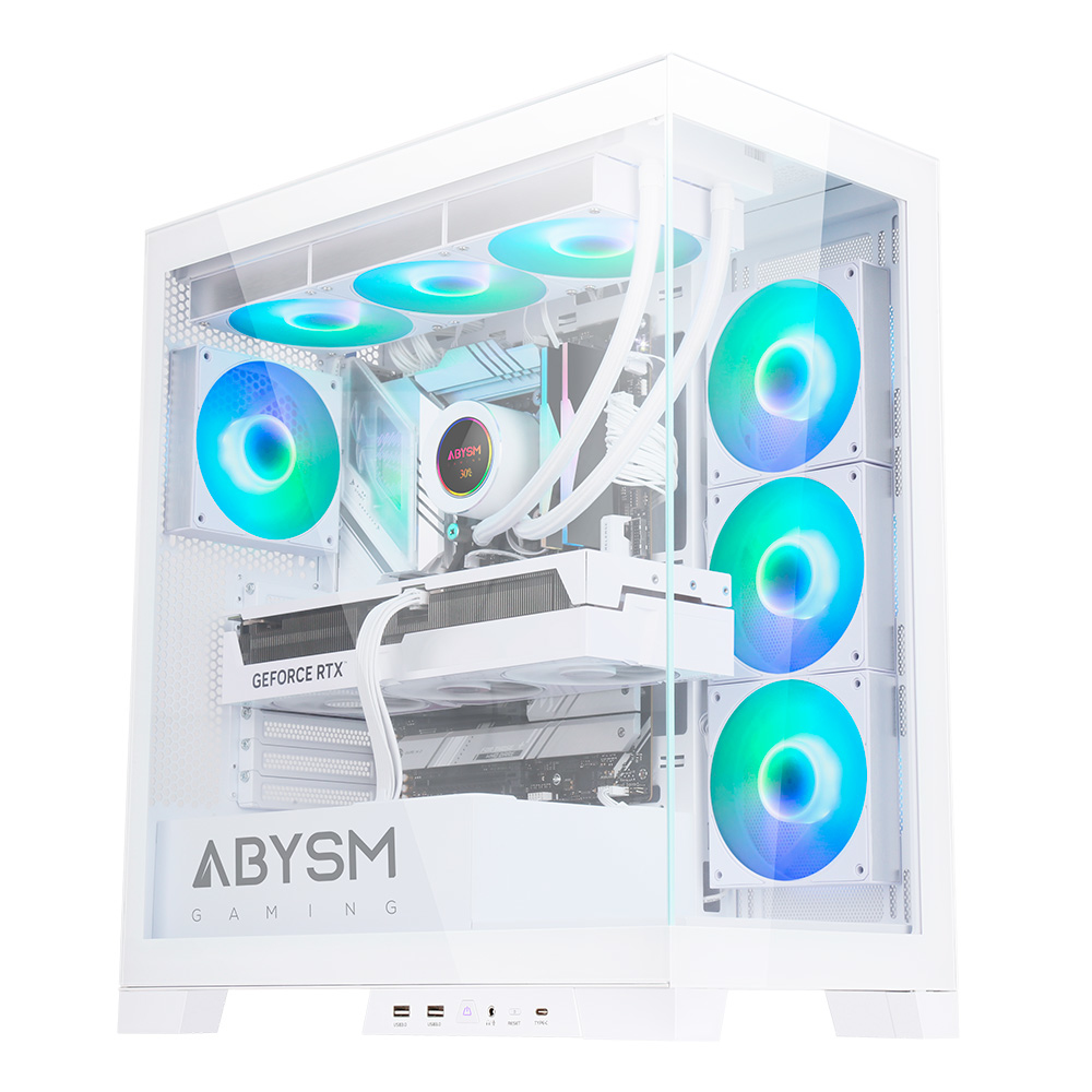 Un case per computer bianco con un pannello laterale in vetro, che mostra i componenti interni con ventole RGB colorate e una scheda grafica.