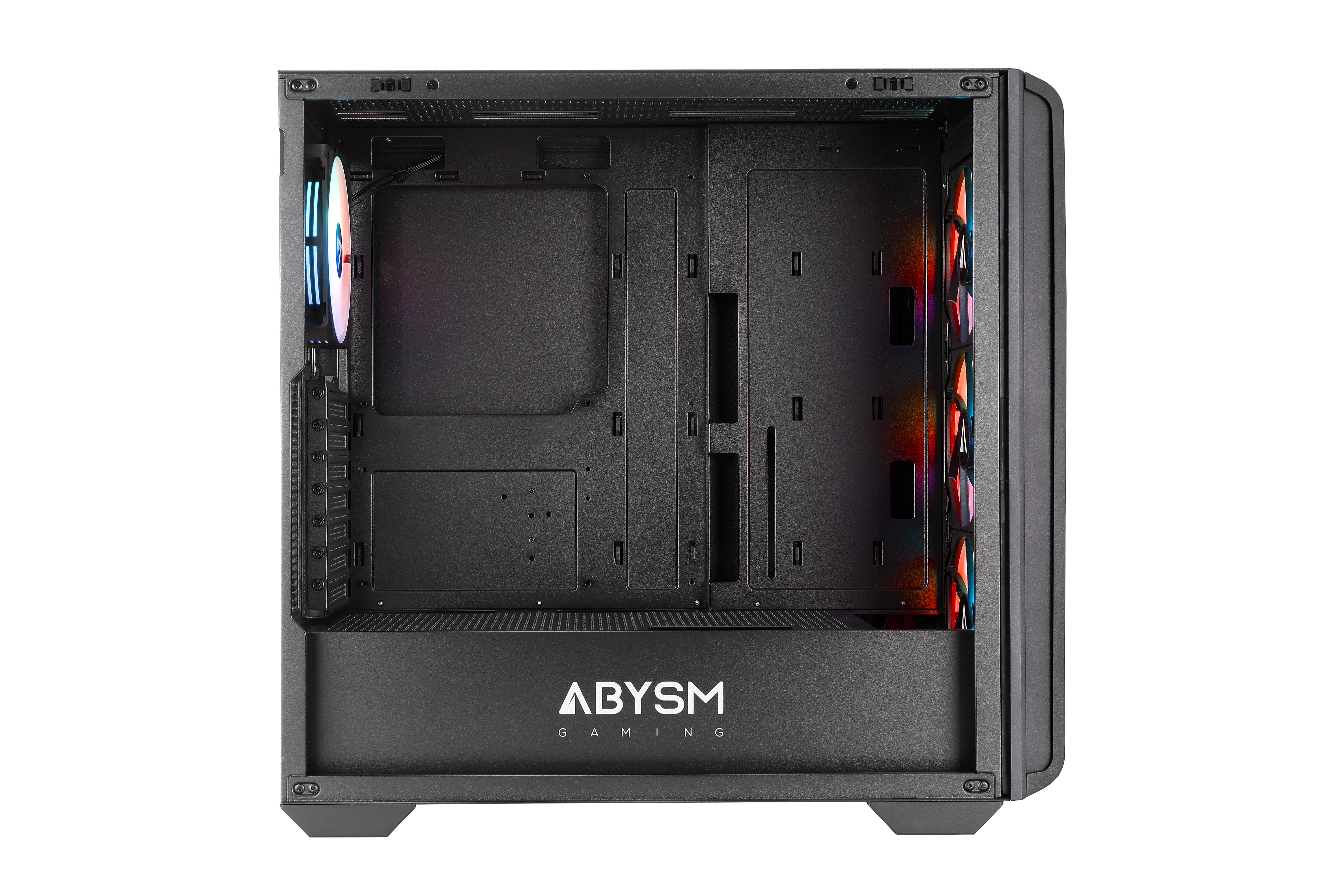 Un case per computer nero con interno visibile. Ha ventole RGB e il marchio 'ABYSM GAMING'.