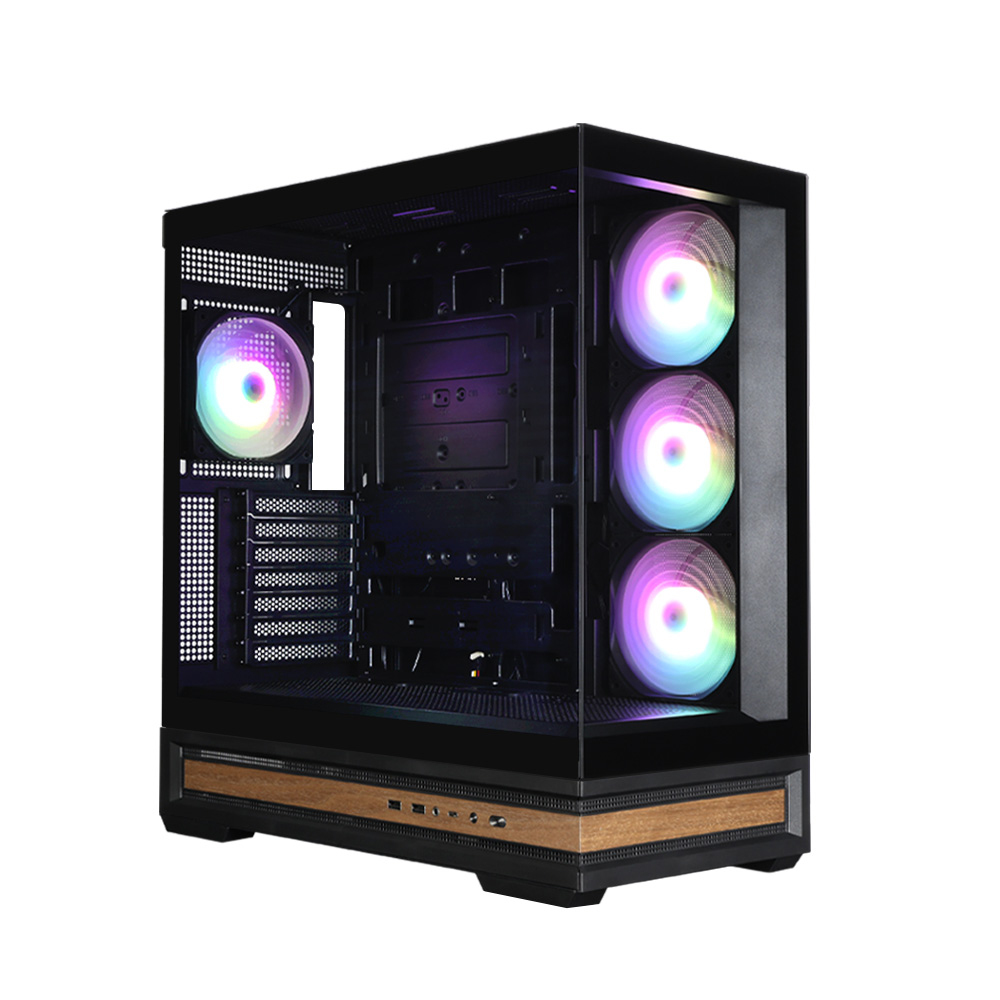Un case per computer nero con componenti visibili. È dotato di ventole con luci colorate e un pannello in legno nella parte inferiore. Isolato su bianco.