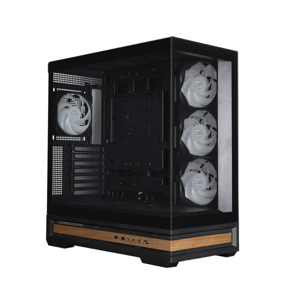 Viene visualizzato un case per computer. Ha una cornice nera e un lato trasparente. Sono visibili ventole bianche e il fondo ha un pannello in legno.