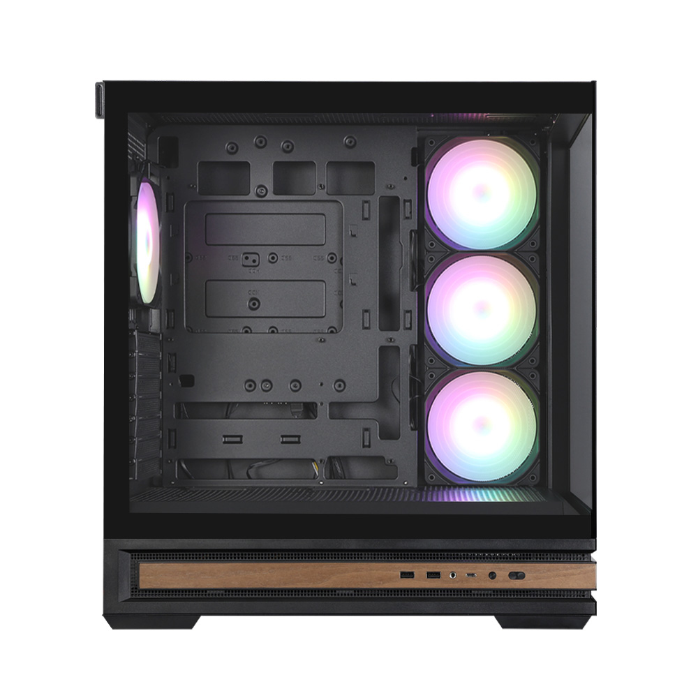 Un case per computer nero con pannello in vetro, con tre ventole illuminate ad arcobaleno. Il case ha dettagli in legno e componenti interni.