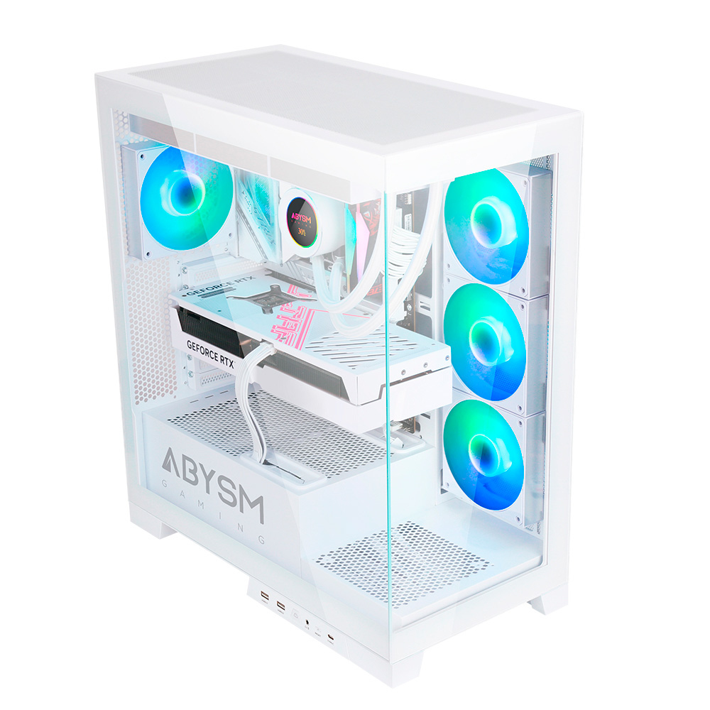 Un case per PC bianco con pannello laterale in vetro. I componenti interni includono una scheda grafica, un sistema di raffreddamento a liquido e ventole con luci blu e verdi.