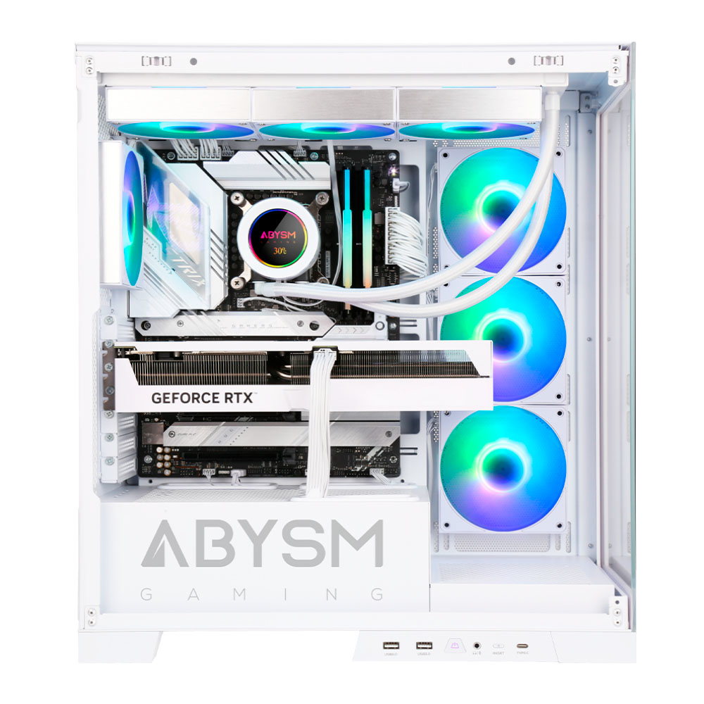 Case PC gaming bianco con componenti interni: GPU, dissipatore CPU, ventole con luci colorate. Logo ABYSM gaming visibile.