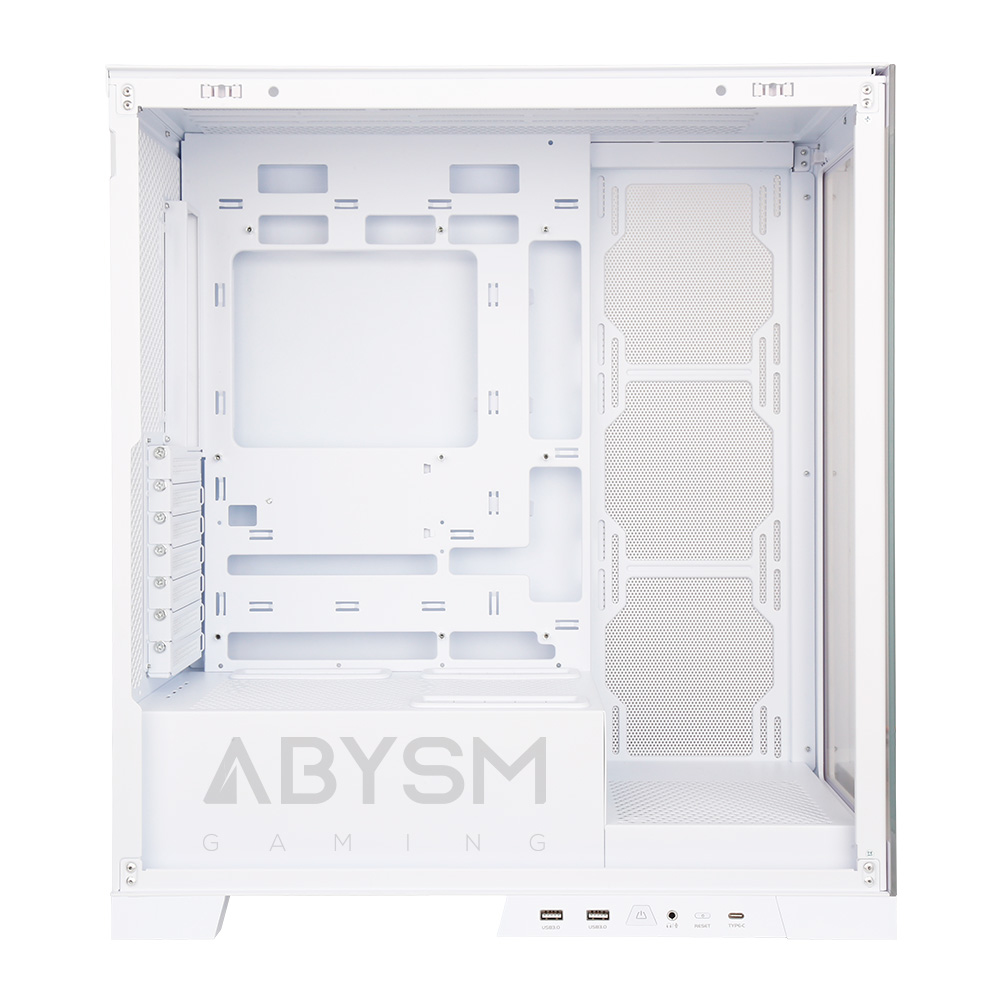 Interno di un case di computer bianco. Presenta varie aperture per i componenti e il logo ABYSM GAMING è visibile in basso.