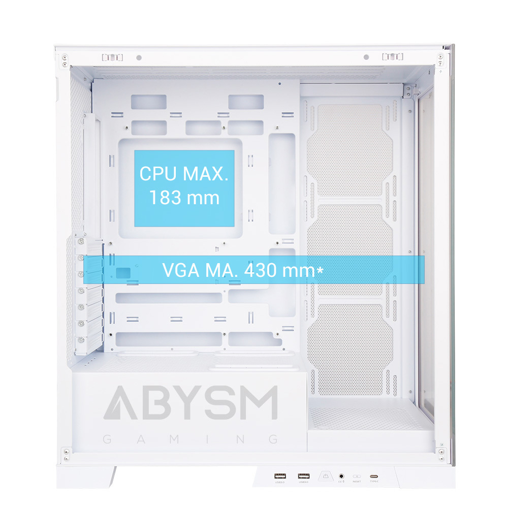 Interno di un case per computer bianco con testo che indica la dimensione massima della CPU di 183 mm e della VGA di 430 mm. Il logo ABYSM GAMING è visibile.