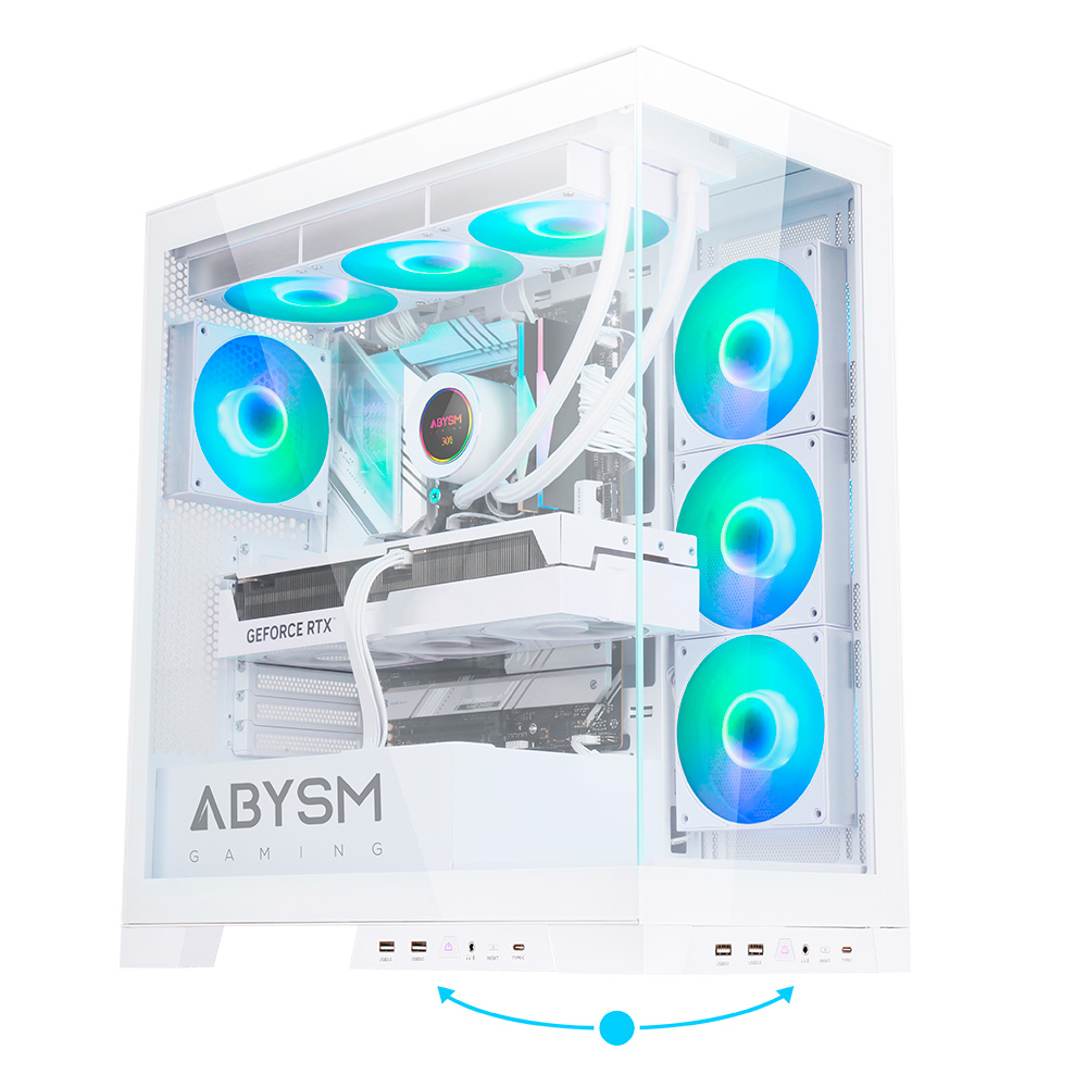 Case PC bianco con ventole blu-verdi, pannello laterale in vetro. Include scheda grafica, dissipatore CPU e logo ABYSM Gaming.