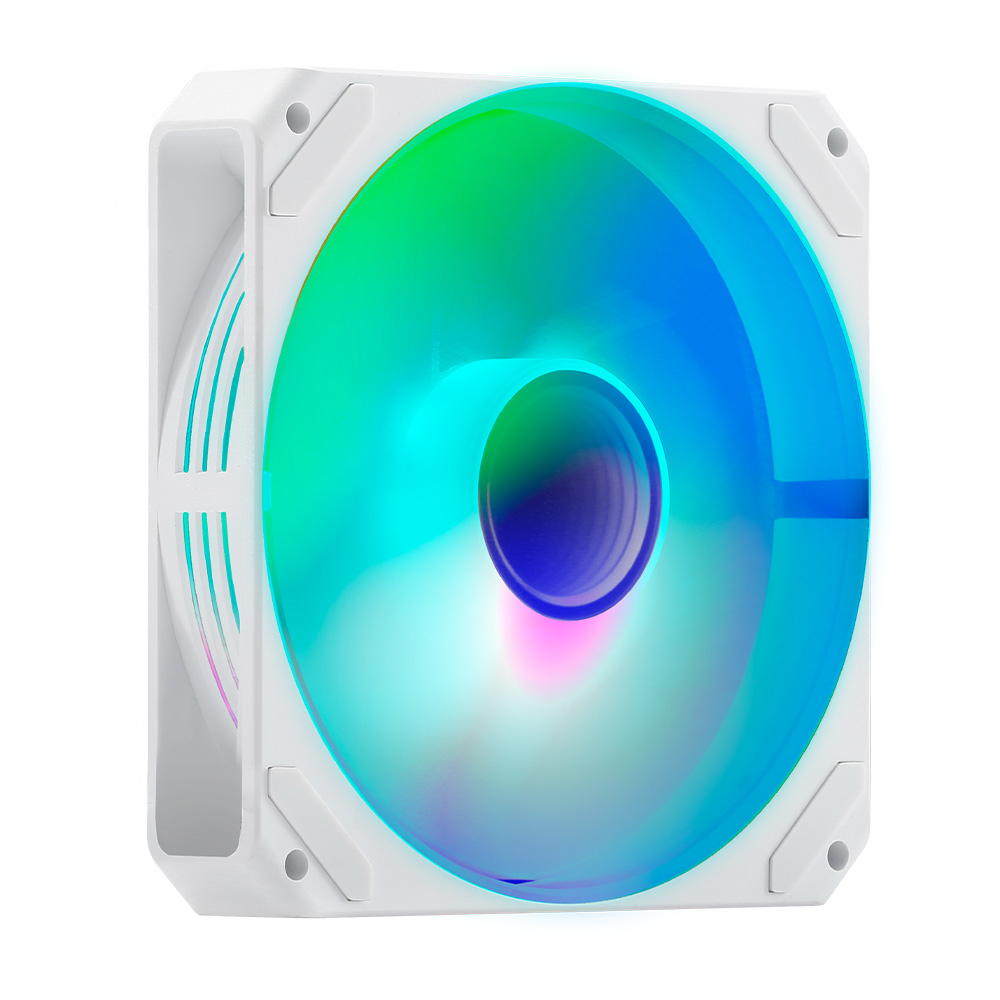 Una ventola per computer bianca con un display luminoso colorato. La ventola ha un telaio quadrato e le pale emettono una sfumatura di colori.