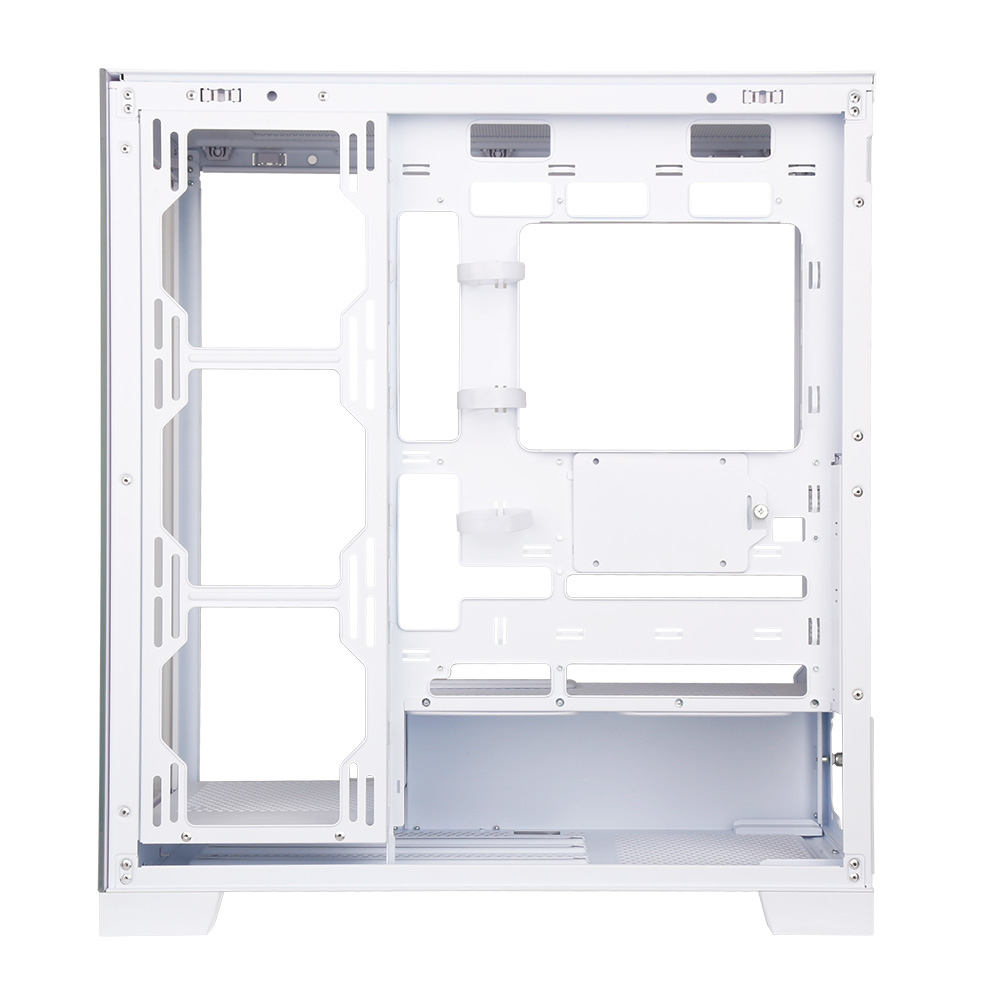 Interno di un case per computer bianco, vuoto, con vari punti di montaggio e aperture. Il case è pulito e moderno.