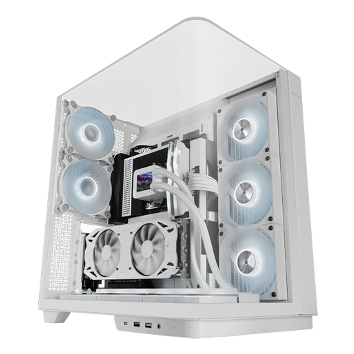Un case per computer bianco con componenti visibili, tra cui ventole, una scheda grafica e un sistema di raffreddamento a liquido. Il case è aperto.