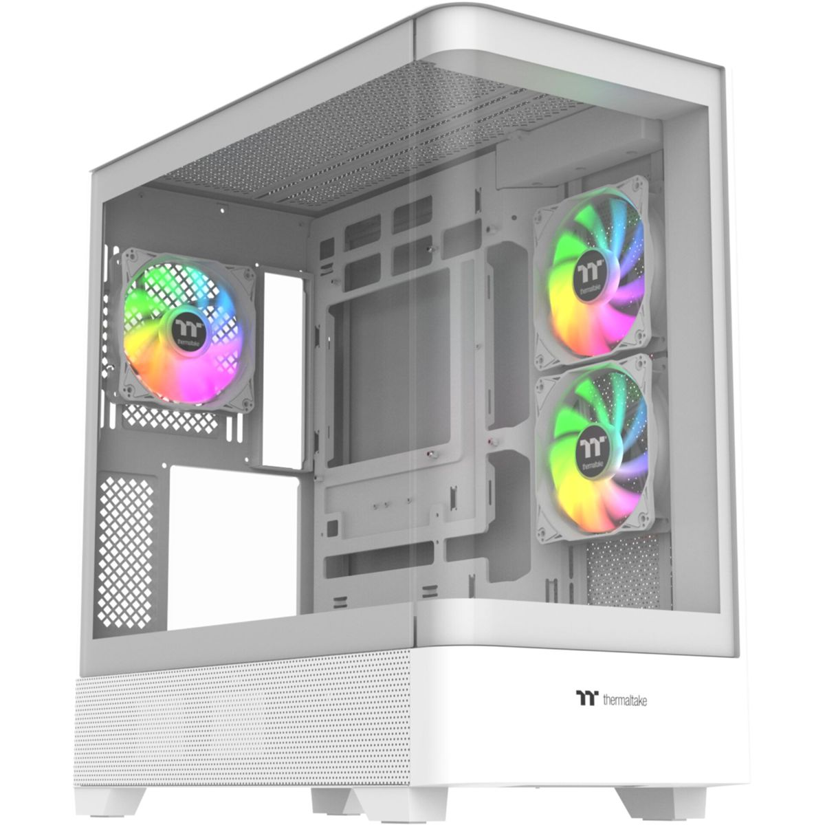 Case per computer bianco con pannello in vetro. Ha ventole a LED colorate e il logo Thermaltake in basso a destra.