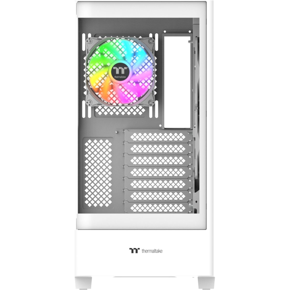 Case per computer bianco con ventola arcobaleno. Logo Thermaltake in basso e sulla ventola.