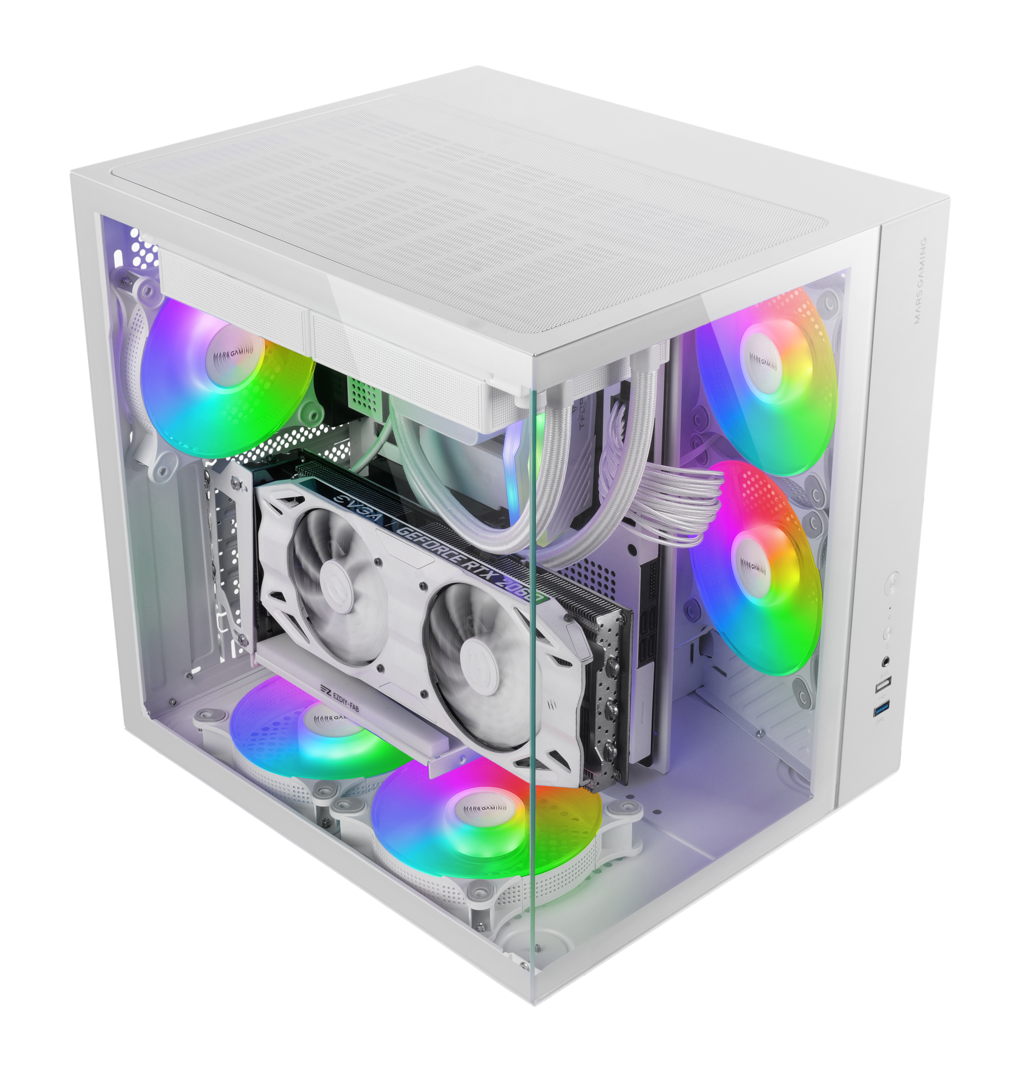 Carcasa de PC blanca con componentes. Incluye una GPU, ventiladores con luces de arcoíris y un panel lateral de vidrio.