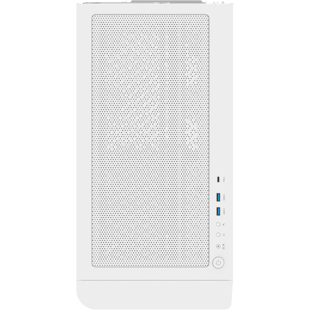 Un case per computer bianco, vista frontale. Ha un pannello frontale perforato, pulsanti e porte USB. È visibile un pulsante di accensione.