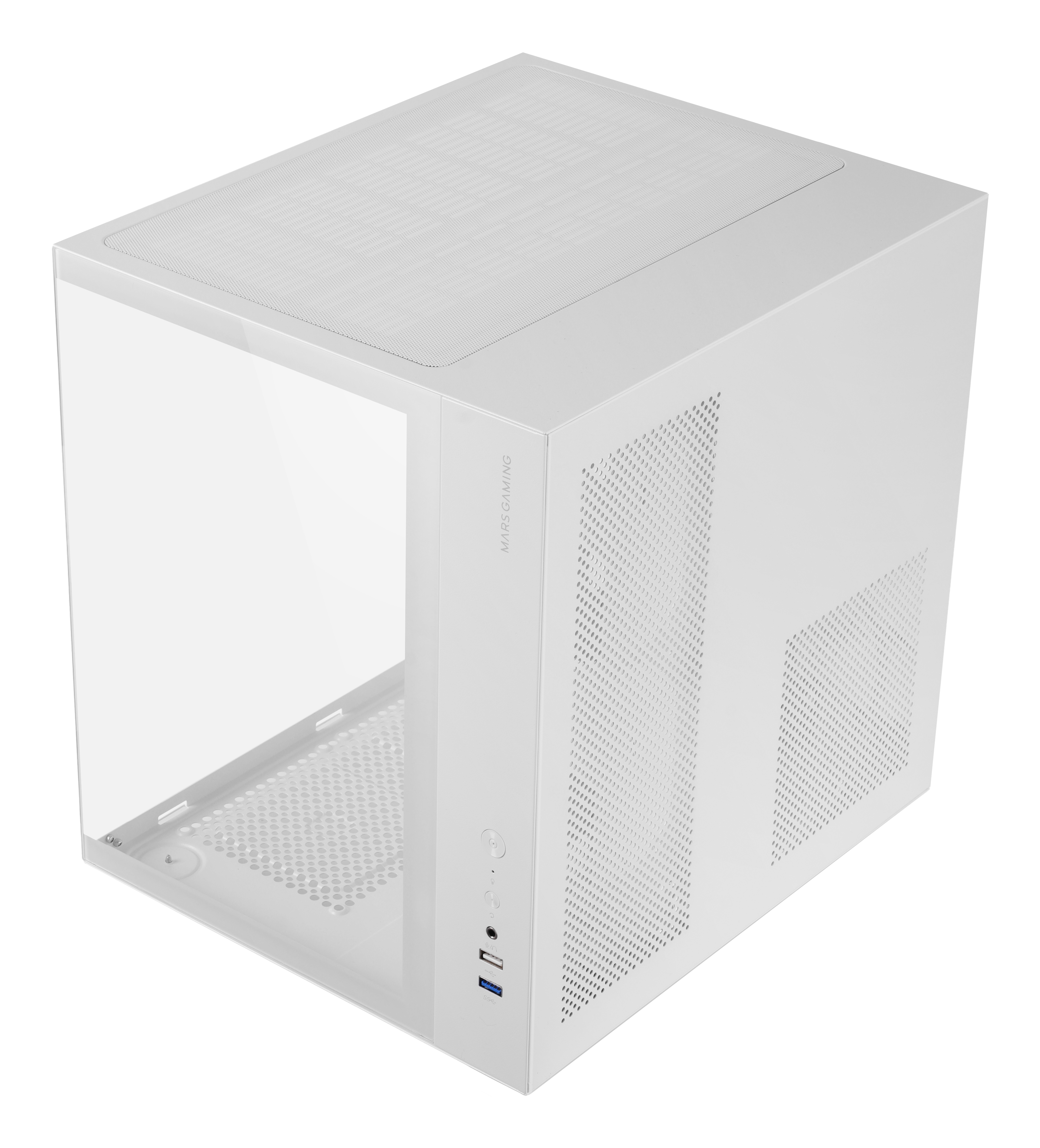 Caja de ordenador blanca con panel lateral de vidrio, rejillas de ventilación y el texto 'MARS GAMING'.