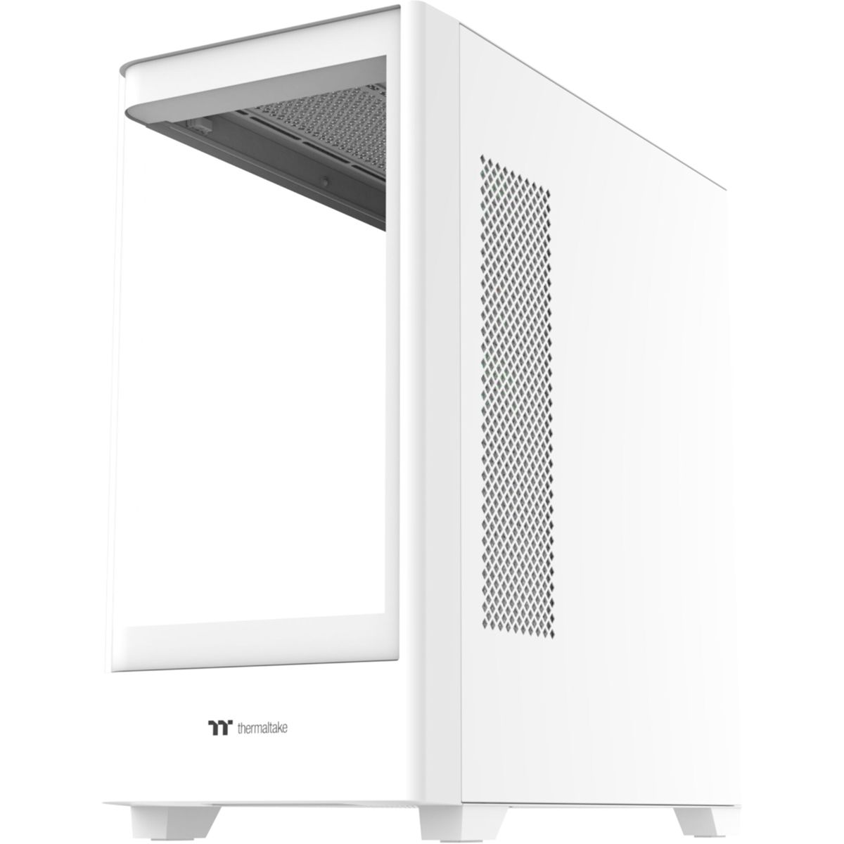 Un case per computer bianco con un pannello laterale trasparente. Ha un pannello laterale perforato e il logo Thermaltake.