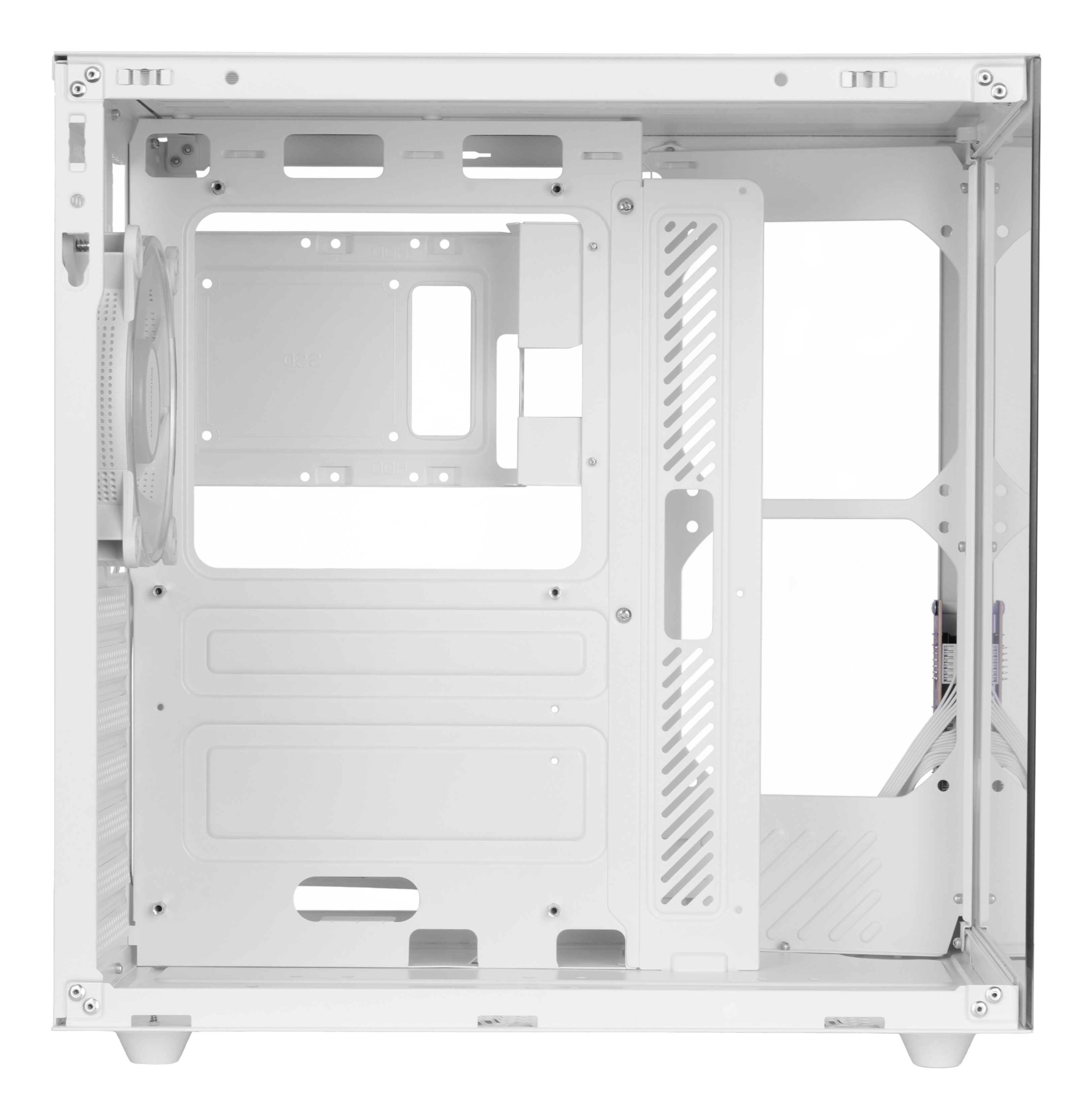 Interior de una caja de ordenador blanca. Muestra la estructura interna con puntos de montaje y aberturas.