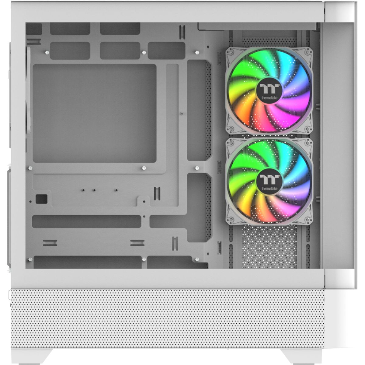 Interno di un case per computer bianco con due ventole illuminate ad arcobaleno. Cornice grigia con punti di montaggio e pannello frontale perforato.