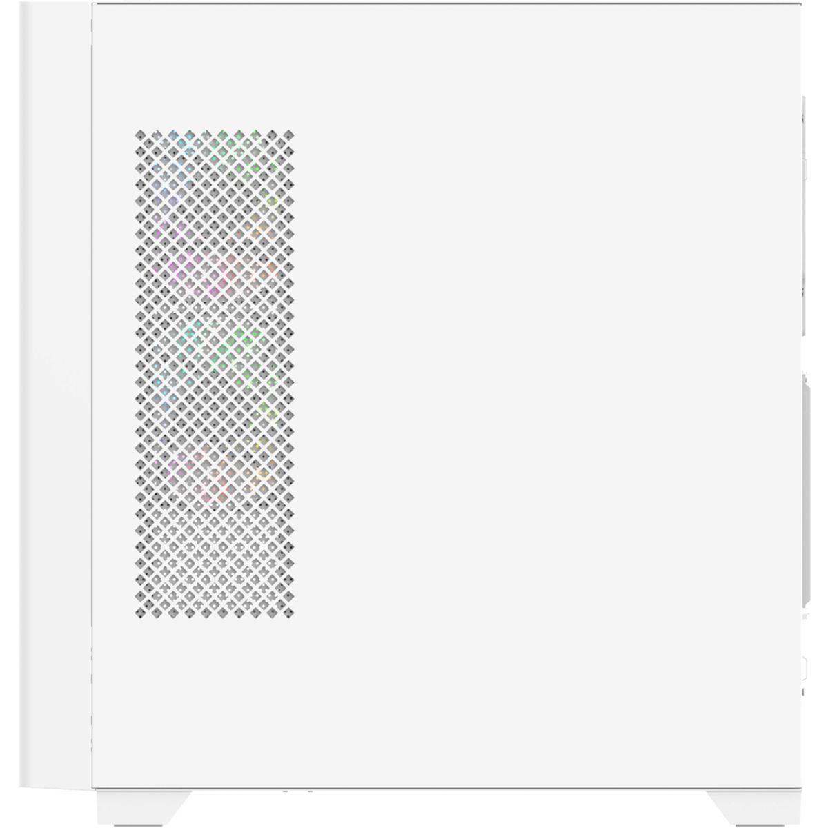 Un case per computer bianco. Ha un pannello laterale perforato con un motivo colorato visibile. Il case è su una superficie bianca.
