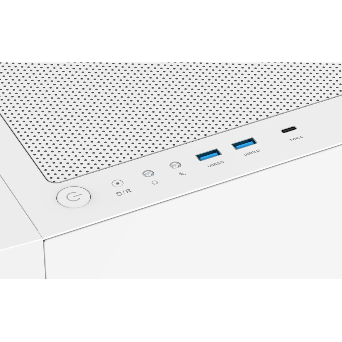 Parte superiore del case del computer bianco con pulsante di accensione, porte USB e pannello a rete. Include USB 3.0, porte Type-C e spie.