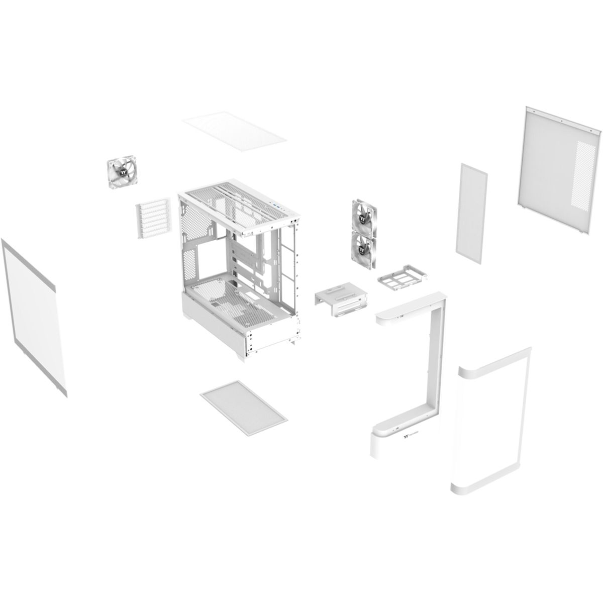 Vista esplosa di un case per computer bianco con vari componenti, come ventole, pannelli e il telaio principale, tutti su sfondo bianco.
