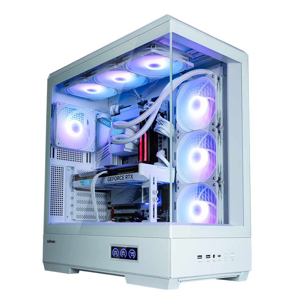 Een witte pc-behuizing met ventilatoren en componenten verlicht door kleurrijke LED's. De behuizing heeft een glazen paneel.