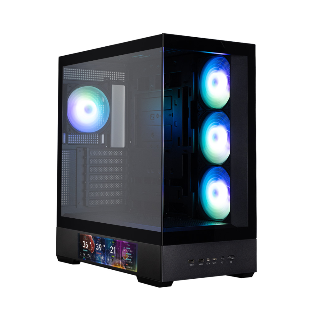 Un case per computer nero con un pannello laterale in vetro, che mostra ventole a LED colorate e un display con temperature.