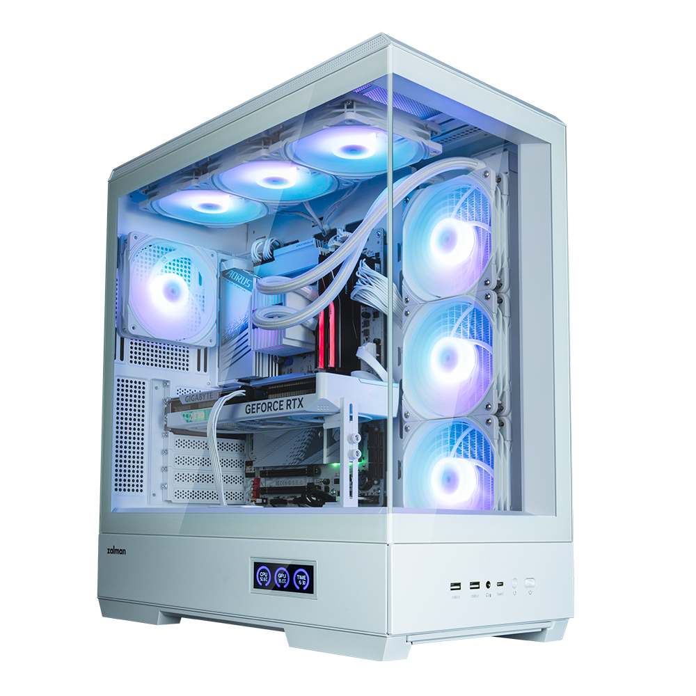 Een witte pc-behuizing met een glazen zijpaneel toont interne componenten, waaronder ventilatoren met blauwe en paarse lichten en een grafische kaart.
