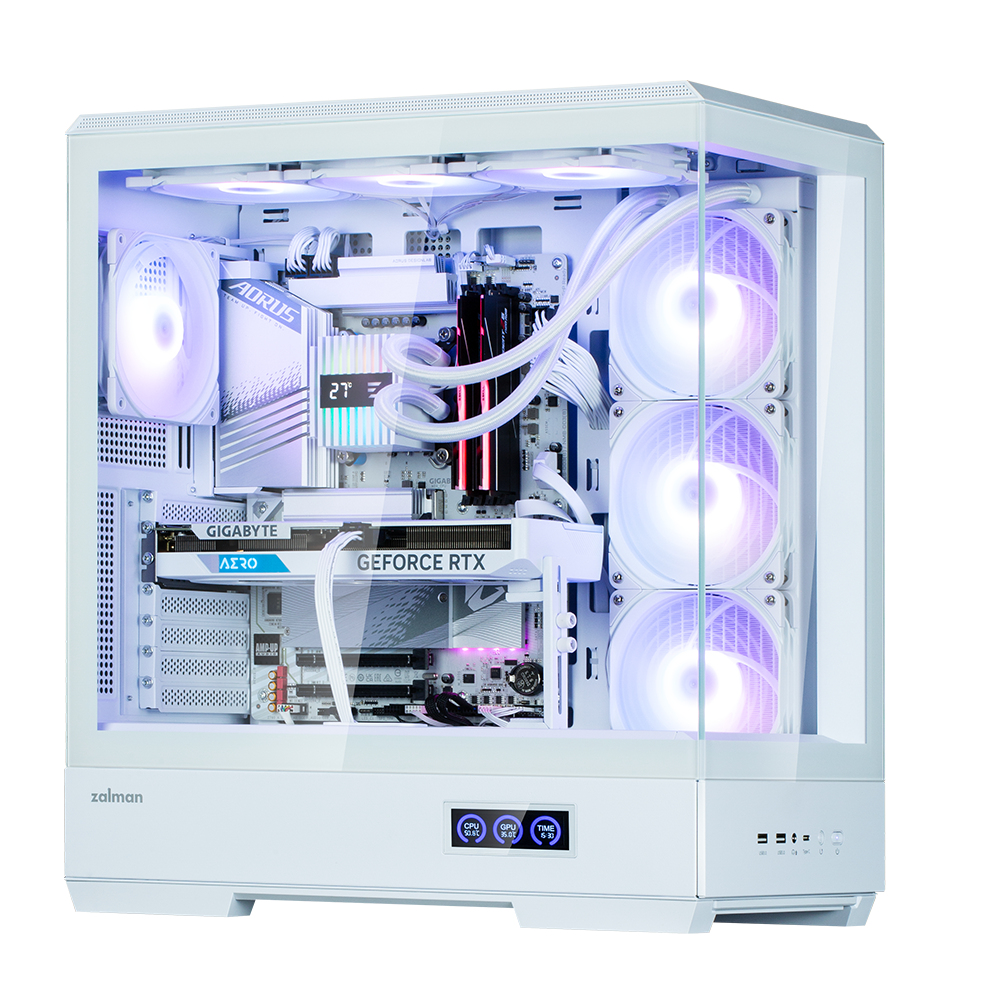 Witte computerkast met glazen zijkant. Binnenin zijn componenten zichtbaar zoals een grafische kaart, ventilatoren met LED-verlichting en een CPU-koeler.