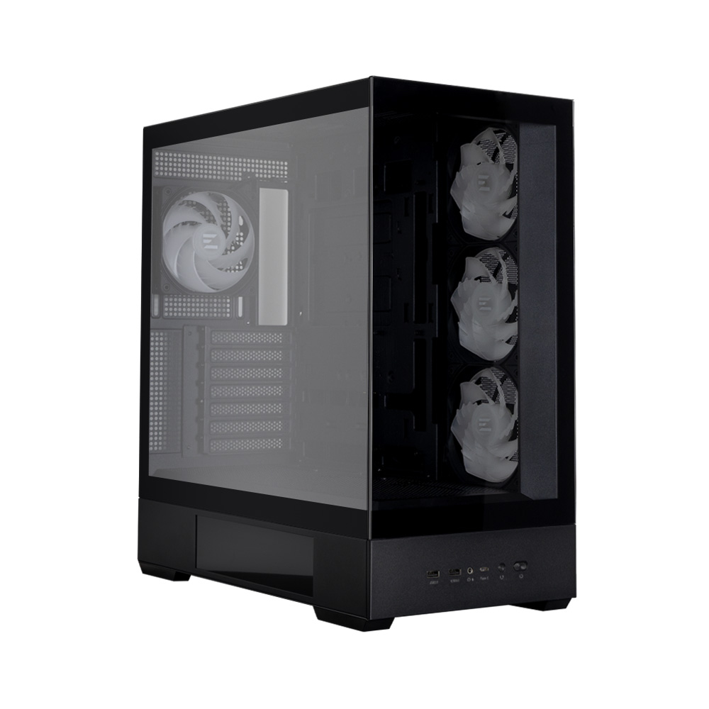Case per computer nero con pannello laterale in vetro, che mostra i componenti interni e le ventole. Le ventole bianche sono visibili. Il case è su sfondo bianco.
