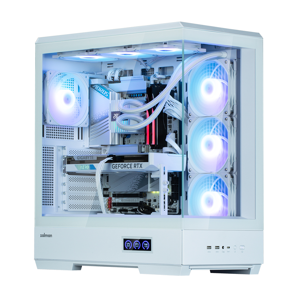 Een witte computerkast met een glazen zijpaneel. Binnenin gloeiende ventilatoren, een grafische kaart en andere componenten, allemaal verlicht in blauwe en paarse tinten.
