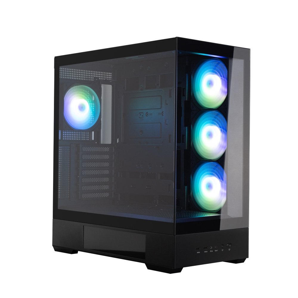 Un case per computer nero con pannello laterale in vetro trasparente. È dotato di ventole RGB e un design pulito e moderno.