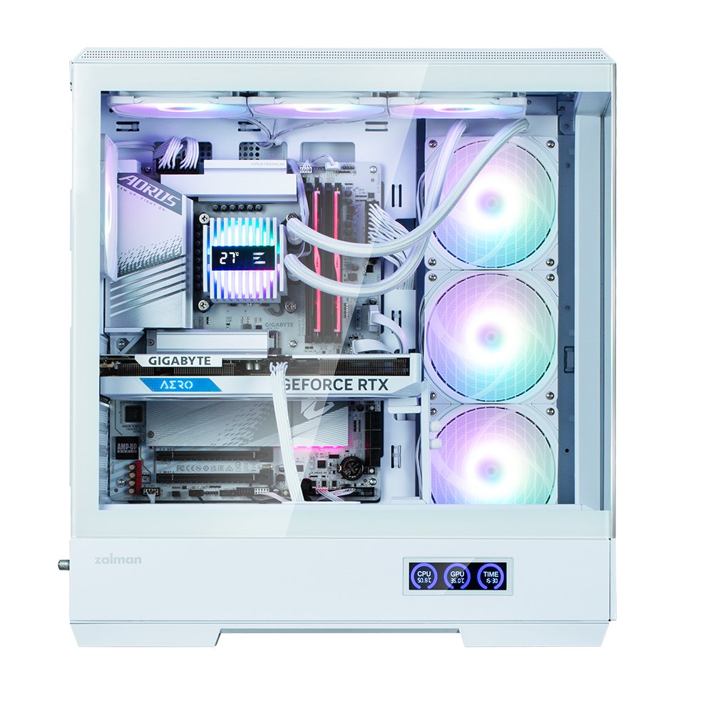 Witte computerkast met interne componenten: ventilatoren, grafische kaart, moederbord en waterkoeling. Toont temperatuurmetingen.