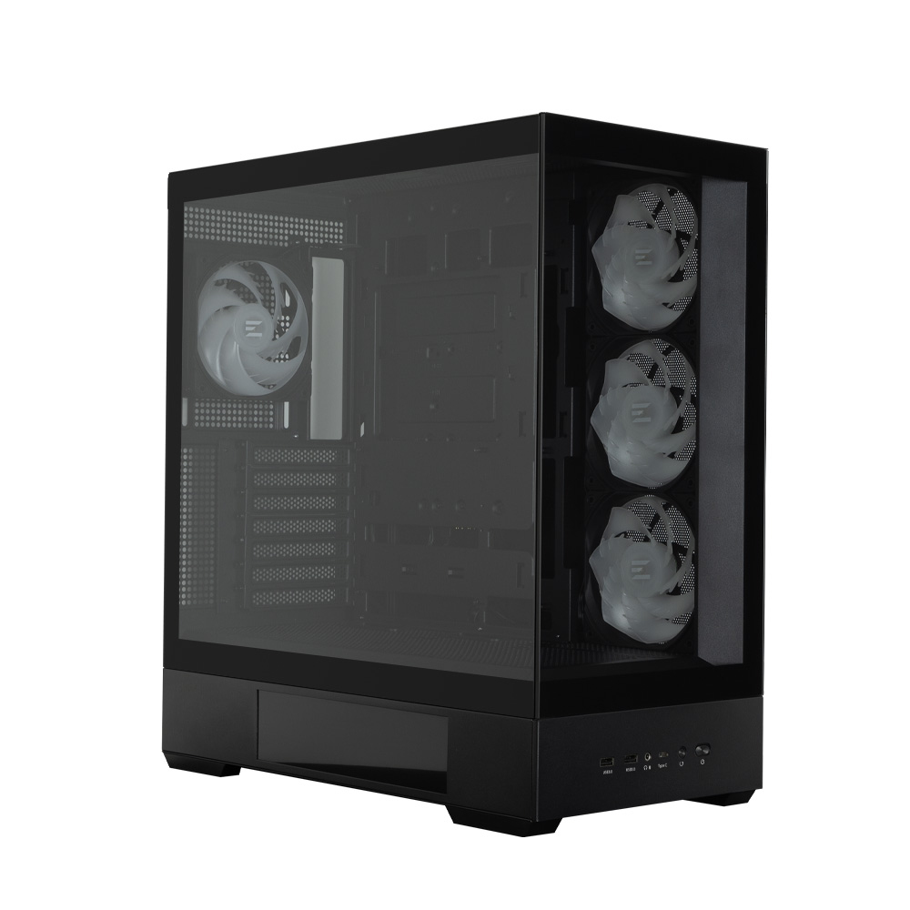 Un case per computer nero con un pannello laterale in vetro. All'interno, ci sono più ventole e componenti. Il case è su sfondo bianco.