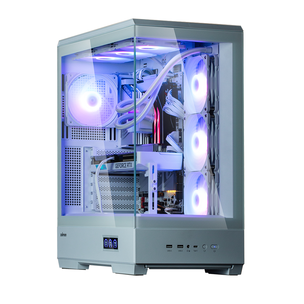 Een witte en transparante computerkast met zichtbare componenten. Inclusief ventilatoren met kleurrijke verlichting en een GeForce RTX grafische kaart.