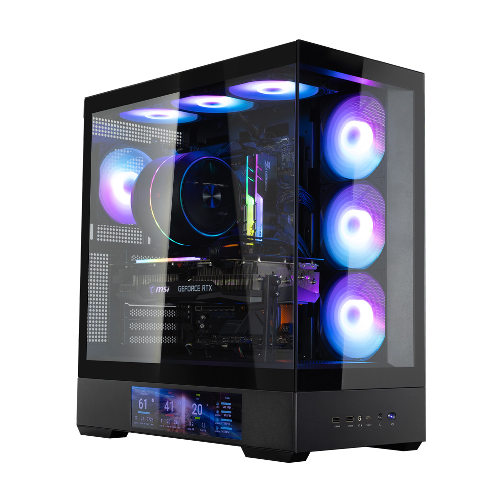Un case per PC nero con componenti interni visibili, tra cui ventole con luci colorate e un display con temperature.