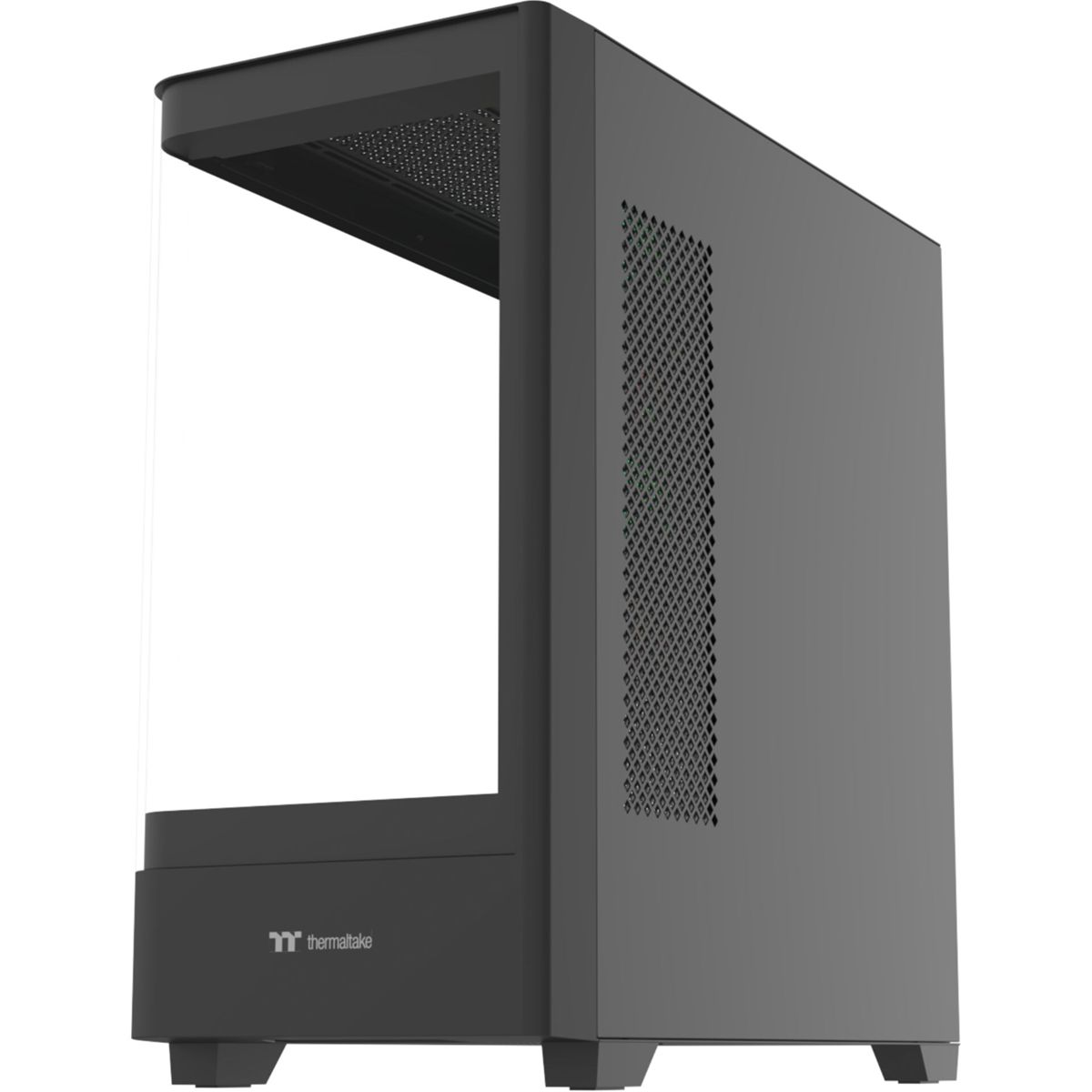 Ein dunkelgraues Thermaltake-Computergehäuse. Es hat eine perforierte Seitenwand und eine Glasfront. Das Gehäuse steht vor weißem Hintergrund.