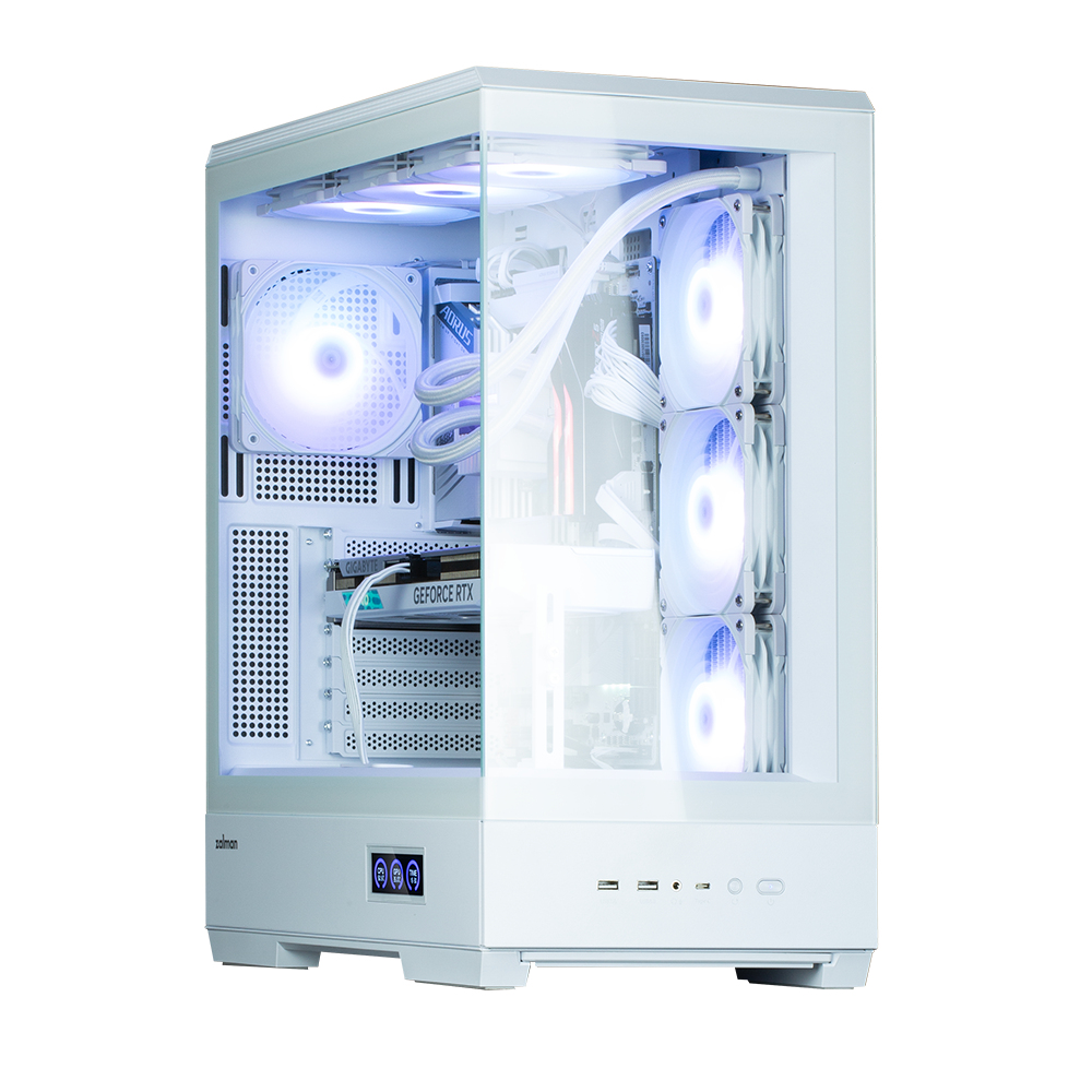 Witte computerkast met verlichte ventilatoren en componenten, zichtbaar door glazen paneel. Voorzien van een GeForce RTX grafische kaart.
