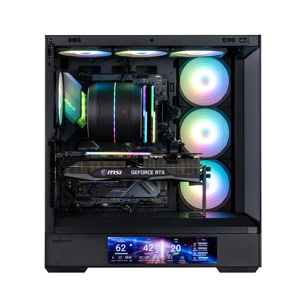 Un case per PC con componenti interni, tra cui una scheda grafica, ventole con luci colorate e un display digitale con dati.