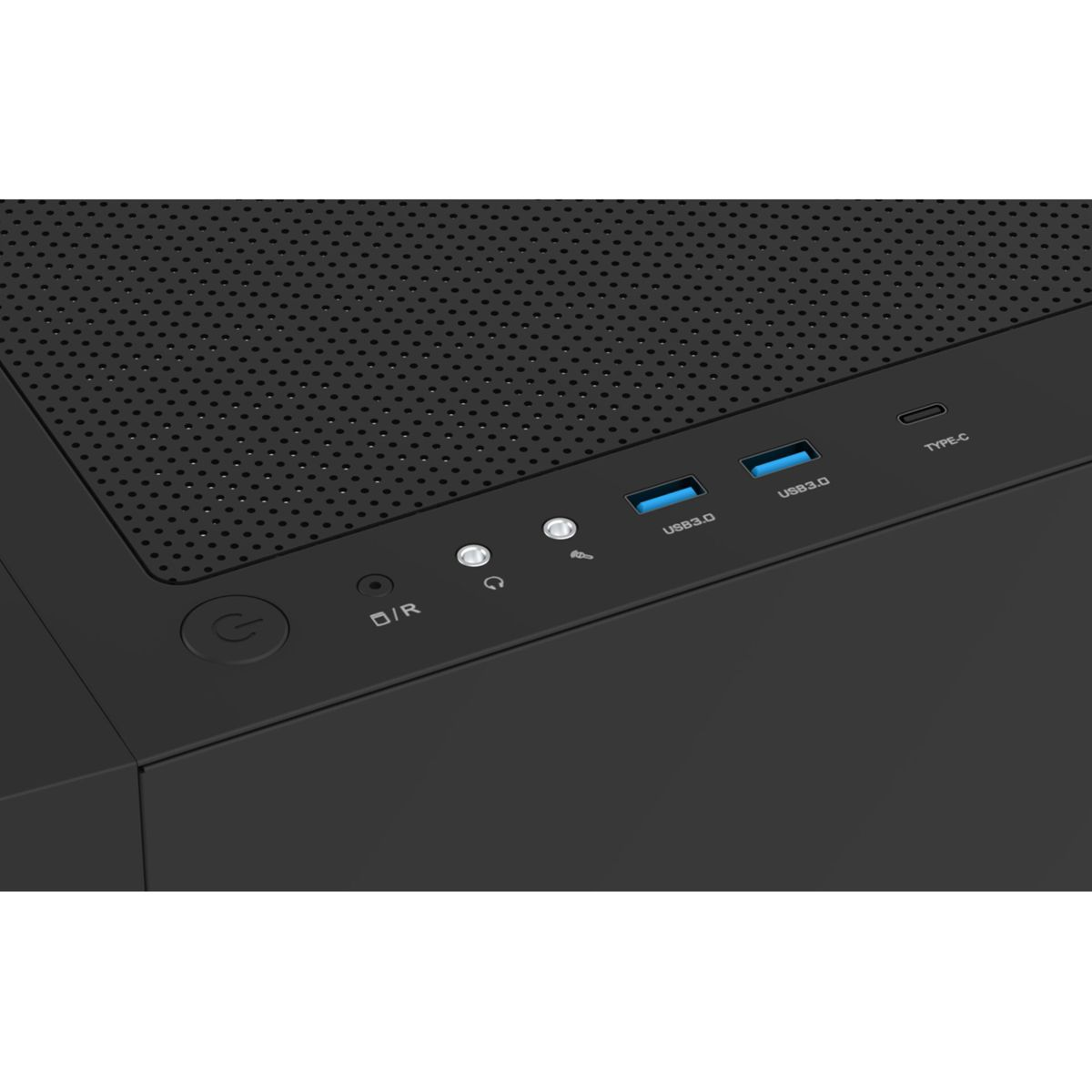 Schwarze Computergehäuse-Frontplatte mit Ein-/Aus-Taste, USB-Anschlüssen und Lüftungslöchern. USB 3.0-Anschlüsse sind blau hervorgehoben.