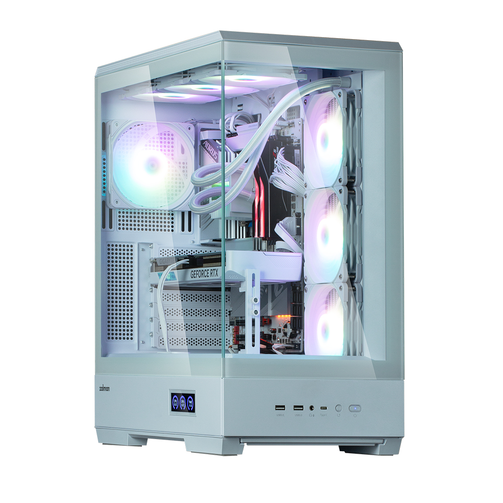 Een witte computerkast met een glazen zijpaneel. Binnenin zitten ventilatoren met kleurrijke lichten. De kast staat op een witte achtergrond.