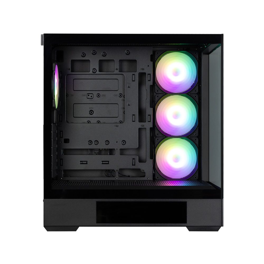 Interno di un case per computer nero con tre ventole LED colorate. Il case ha scomparti aperti e un pannello laterale trasparente.