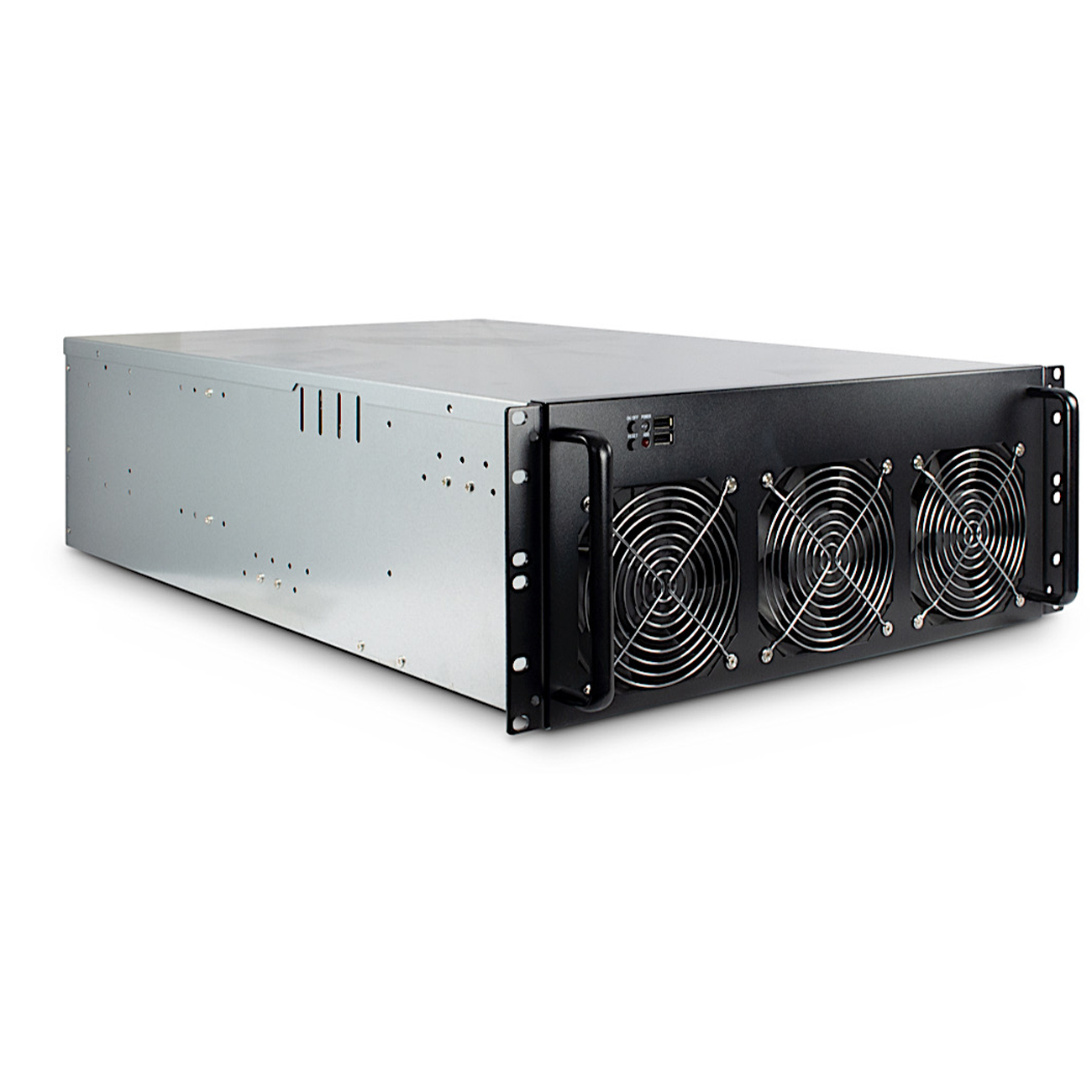 Un case server, argento con frontale nero. Ha tre ventole, maniglie e prese d'aria. Porte USB sul davanti.