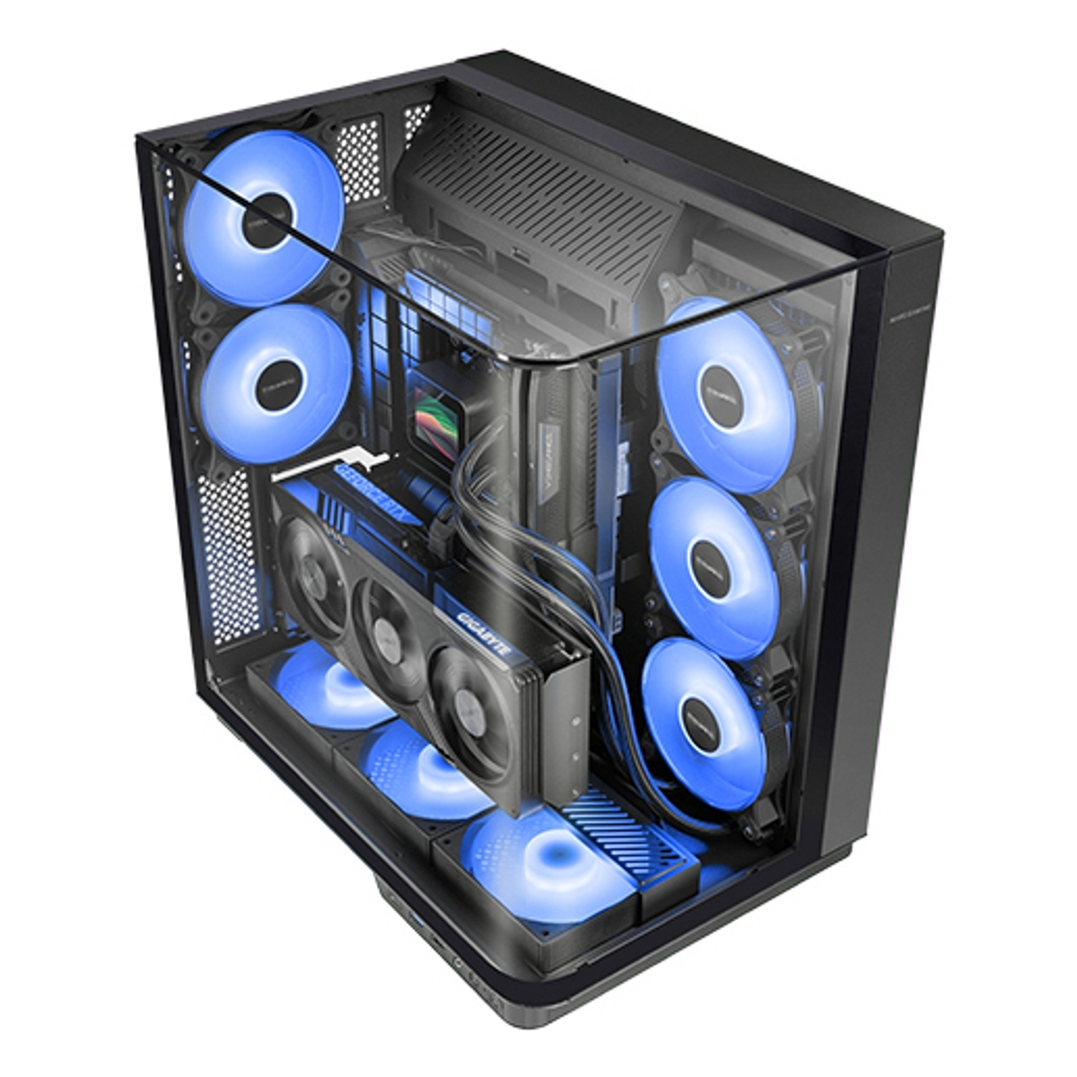 Un case per PC con diverse ventole blu luminose. All'interno ci sono una scheda grafica e altri componenti. Pannello laterale in vetro.
